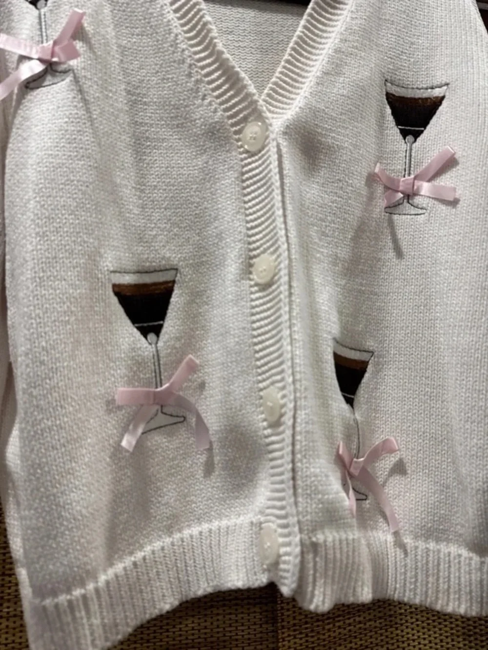 Francesca's Collections Cream Knit Cardigan with Pink Bow & Cocktail Motifs - Picture 2 of 4